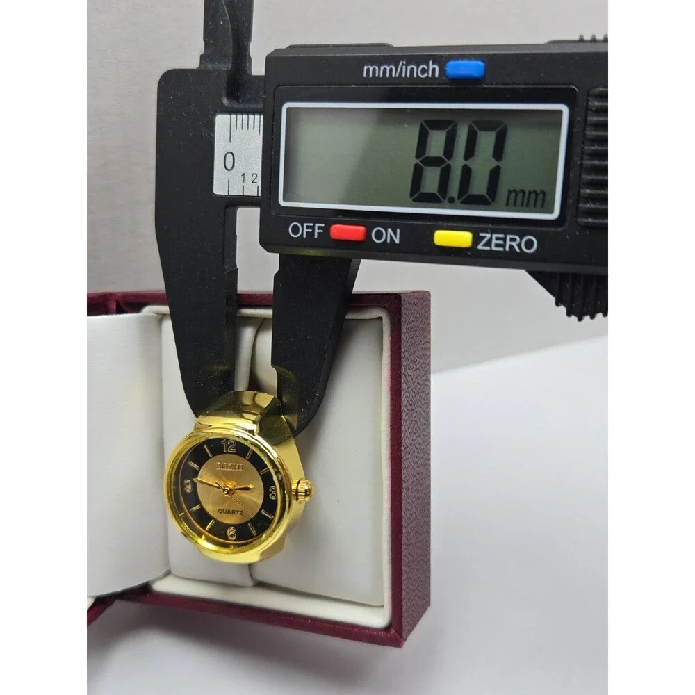 Bozhi Gold Tone Quartz Ring Watch Black Dial Adjustable Finger Retro New Battery